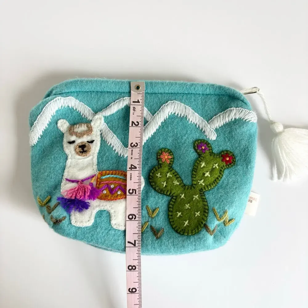 Wool Llama & Cactus Handmade in Peru Makeup Travel Cosmetics Bag Turquoise